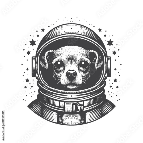 Vintage Hand-Drawn Chihuahua Illustration – In Astronaut Suit Engraved Style Vector for T-Shirts, Posters, Stickers, and Space Dog Themes Apparel
