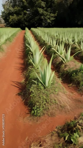 Scenic aloe vera plantation showcasing rows of succulent plants against a backdrop of various trees and a bright sky