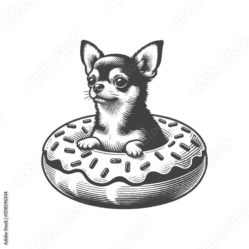 Vintage Hand-Drawn Chihuahua Illustration – Sitting in Donut Float Engraved Style Vector for T-Shirts, Posters, Stickers, and Fun Summer Dog Themes Apparel