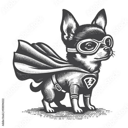 Vintage Hand-Drawn Chihuahua Illustration – In Superhero Costume Engraved Style Vector for T-Shirts, Posters, Stickers, and Heroic Dog Themes Apparel