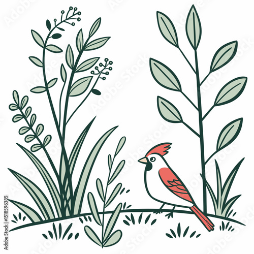 Delightful Cardinal Bird nestled amongst stylized foliage a charming nature design perfect for branding logos and decorative elements