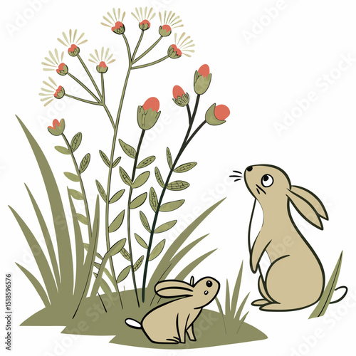 Adorable bunnies gazing at wildflowers in a whimsical garden scene perfect for children's books, greeting cards, and branding projects.