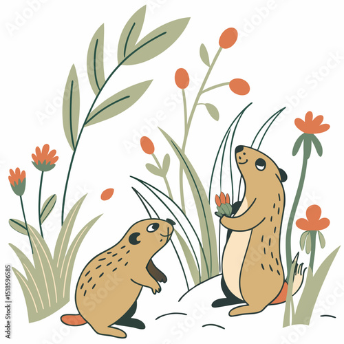 Charming prairie dog couple amidst blooming wildflowers a delightful nature-inspired design perfect for branding or children's projects