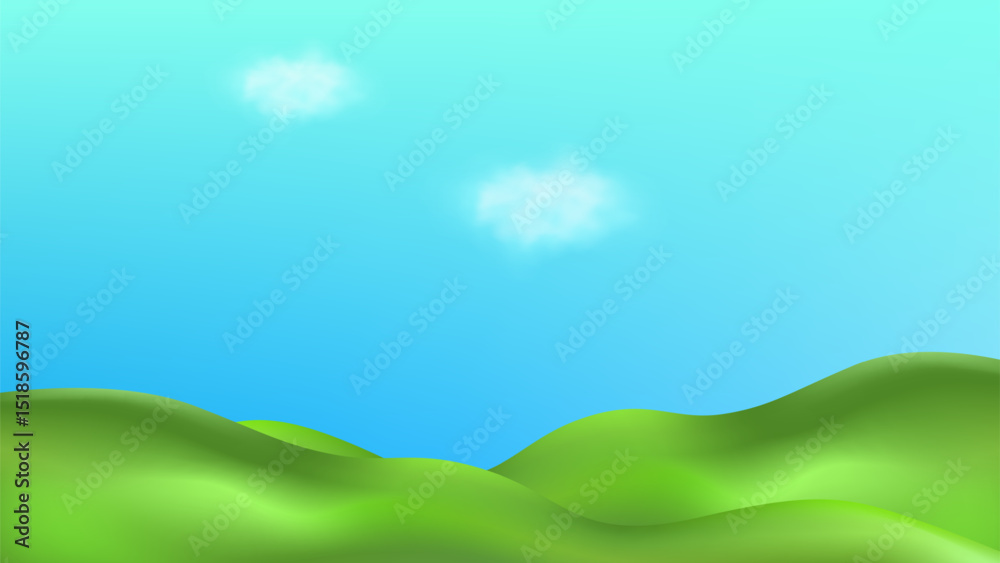 Fotobehang Zeegroen 3D  landscape with green hills, mountains, and a textured grass field creates a playful eco friendly park scene.Childish vector illustration. #1518596787