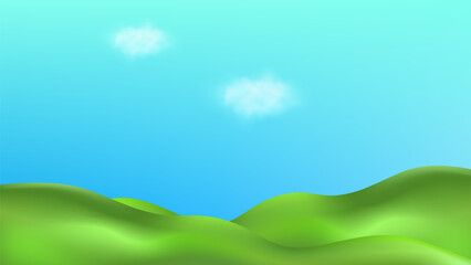 Gordijnen Koraalgroen 3D  landscape with green hills, mountains, and a textured grass field creates a playful eco friendly park scene.Childish vector illustration.  © gala