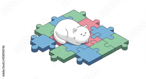 Isometric-style vector illustration of cat lying on large 3D puzzle pieces with angled perspective, clean lines and flat colors in modern design layout