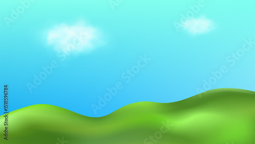3D  landscape with green hills, mountains, and a textured grass field creates a playful eco friendly park scene.Childish vector illustration.
