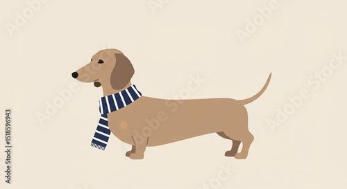 Minimalist flat vector illustration of Dachshund wearing striped scarf with clean outlines and muted color palette in modern digital art style