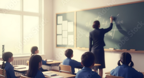 Teacher writing on chalkboard with students attentively watching  