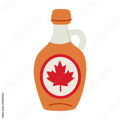 A bottle of maple syrup with a red maple leaf on the label