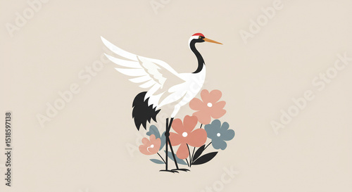 Minimalist flat vector illustration of stylized crane next to cluster of abstract flowers with clean lines and muted pastel tones in modern digital art style