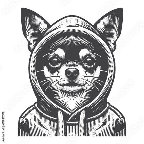 Vintage Hand-Drawn Chihuahua Illustration – In a Hoodie Engraved Style Vector for T-Shirts, Posters, Stickers, and Cozy Dog Themes Apparel