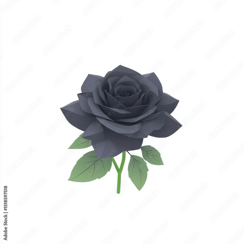 Fototapeta premium Elegant Black Paper Rose with Green Leaves on White Background