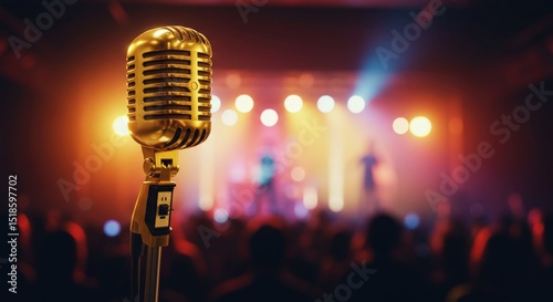 Golden Microphone on Stage: A Vintage Music Experience