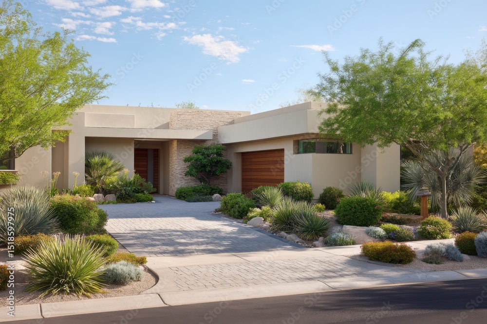 Fototapeta premium Modern house with desert landscaping on white background