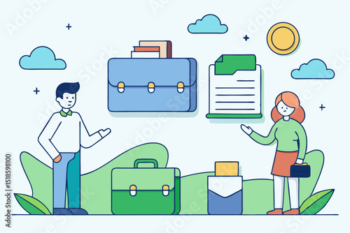 Business negotiation, professional discussion, document exchange, man and woman talking about briefcases and files, office collaboration with plants and clouds.