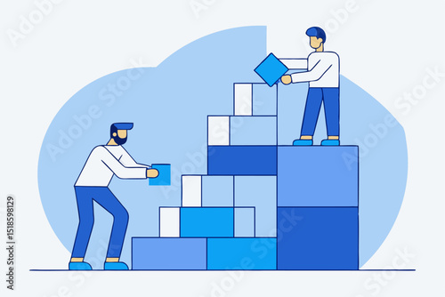 Team building, construction collaboration, block staircase, men working together to build, creative teamwork, construction project concept.