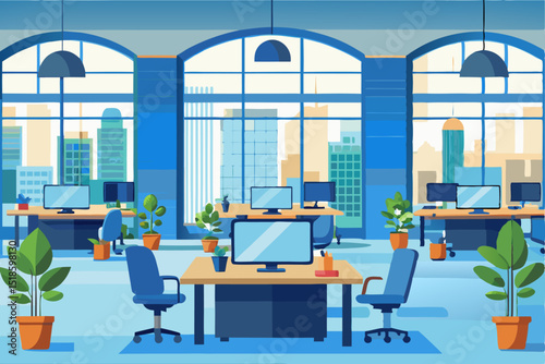 Modern office space, open workspace, corporate environment, cityscape background, desks with computers, plants, professional setting for teamwork.