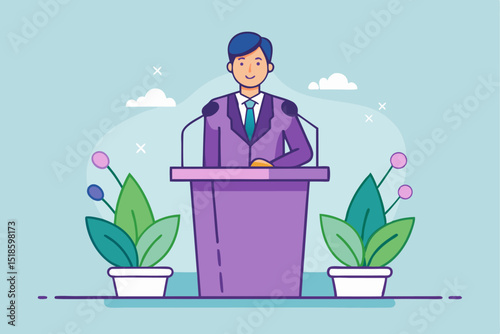 Business presentation, man speaking at podium, professional lecture, corporate event, plants, public speaking concept, office activity.