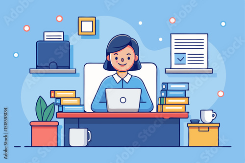 Office productivity, woman working at desk, laptop, books, plants, organized workspace, professional business concept, study environment.