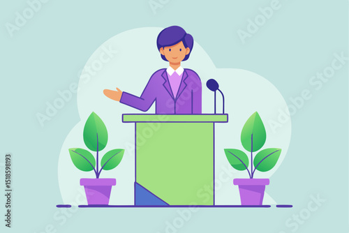 Eco - friendly speech event, speaker at podium with plants and microphone, corporate presentation, green business, office event, professional oration.