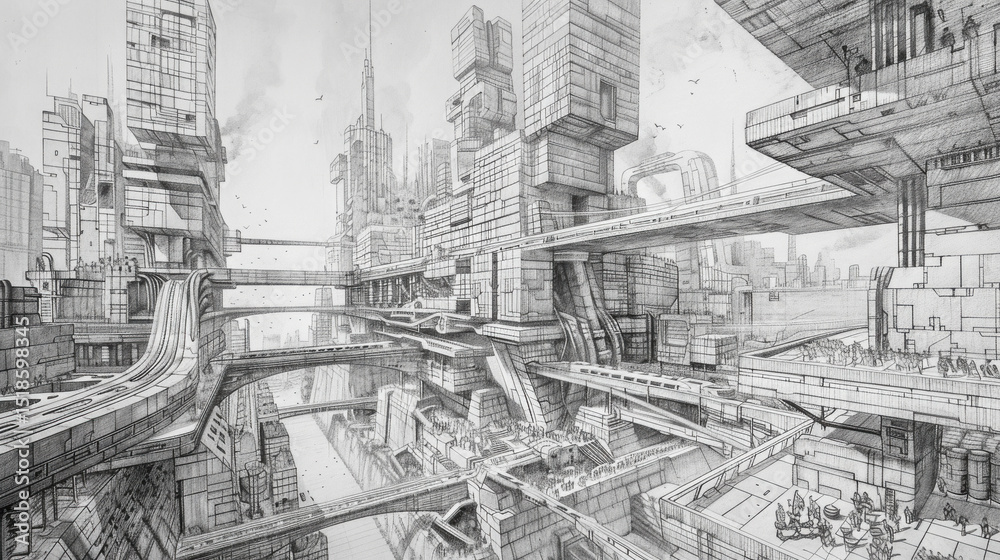 Fototapeta premium A retrofuturistic brutalist plaza with multi-levels, huge bridge-buildings over a river, monolithic architecture, futuristic trains, crowds—all captured in a detailed pencil sketch...