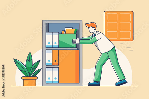 Office file organization, person arranging files in cabinet with plant and shelf, corporate task, business routine, office productivity, professional workspace.