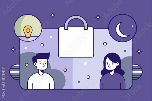 Creative online communication, people with planet, bulb, moon and bag, corporate idea, business dialogue, office interaction, professional chat.