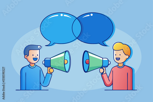 Dialogue interaction scene, people with megaphones and overlapping speech bubbles, corporate discussion, business conversation, office communication, professional dialogue.