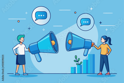 Business communication growth, people with megaphones and speech bubbles, corporate strategy, business progress, office communication, professional growth.