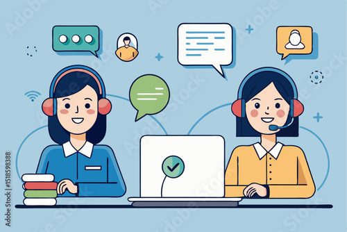 Customer support process, people with headsets and speech bubbles, corporate assistance, business service, office task, professional communication.