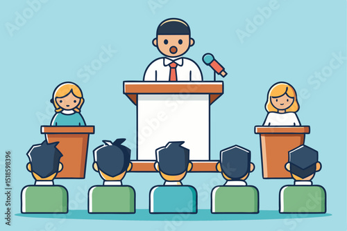 Conference speech event, people listening to speaker at podium, corporate meeting, business presentation, office event, professional speech.