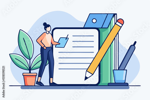 Office task management, person handling document with large paper and stationary, corporate assignment, business organization, office productivity, professional workflow.