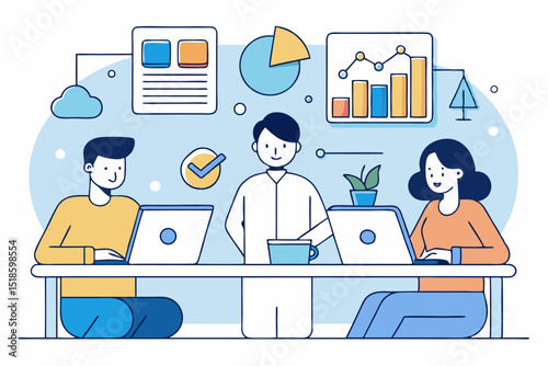 Office teamwork session, three people working with graphs and coffee, corporate project, business collaboration, office productivity, professional meeting.