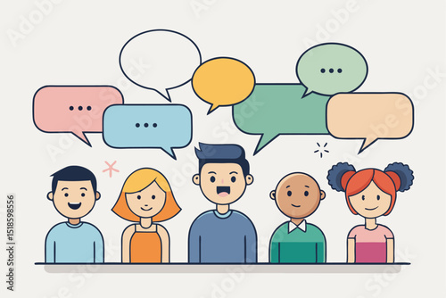 Team communication concept, people interacting with speech bubbles, corporate discussion, business dialogue, office meeting, professional interaction.