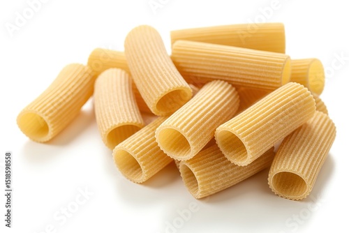 Uncooked Pasta Tubes with Ridged Texture Piled Together on White Background