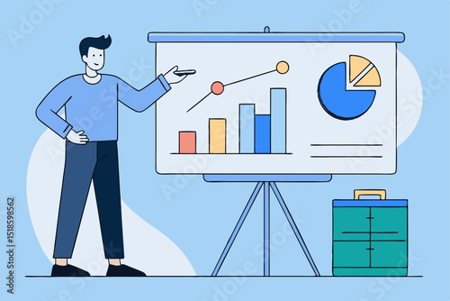 Business presentation moment, person explaining graph on projector with briefcase, corporate analysis, office briefing, professional report, business meeting.