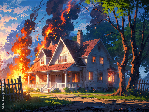 suburban house burning