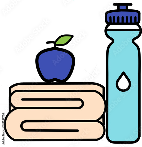 A water bottle, apple, and towels, ideal for health and hydration product promotion.