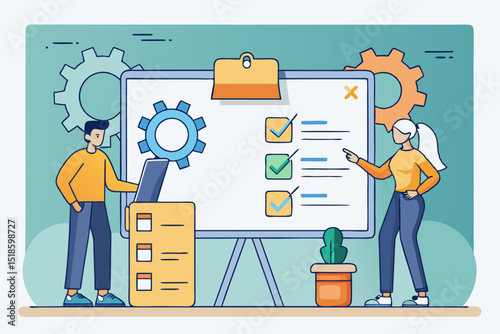 Project planning discussion, two people analyzing task list with gears, corporate workflow, business process, office strategy, professional task management.