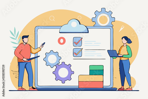Work collaboration session, two individuals advancing project plan with gears, corporate teamwork, business solution, office initiative, professional task progress.