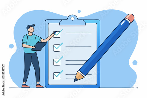 Task management process, checklist verification, individual work efficiency, project completion tracking, man mark completed items, office productivity concept.
