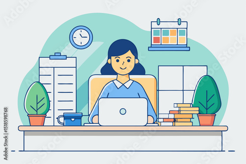 Individual office workday, person focusing on laptop with desk items, professional routine, workspace productivity, office environment, business task pursuit.