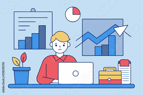 Work performance decline, data trend analysis, individual job stress, project result disappointment, man face business downturn, office difficulty concept.