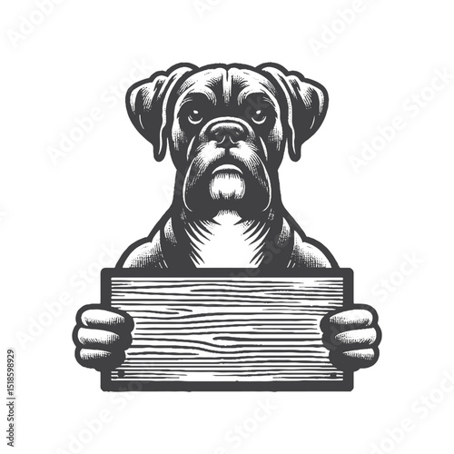 Vintage Hand-Drawn Boxer Dog Illustration – Holding a Sign Engraved Style Vector for T-Shirts, Posters, Stickers, and Message Dog Themes Apparel