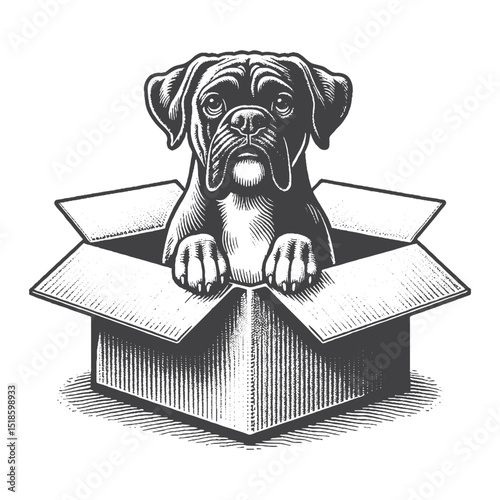 Vintage Hand-Drawn Boxer Dog Illustration – Inside a Cardboard Box Engraved Style Vector for T-Shirts, Posters, Stickers, and Playful Dog Themes Apparel