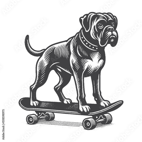 Vintage Hand-Drawn Boxer Dog Illustration – On a Skateboard Engraved Style Vector for T-Shirts, Posters, Stickers, and Urban Dog Themes Apparel