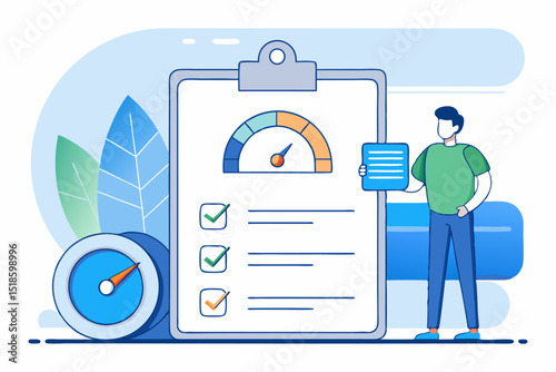 Man working with checklist and gauge, blue background, task management or performance concept, productivity and measurement, success.