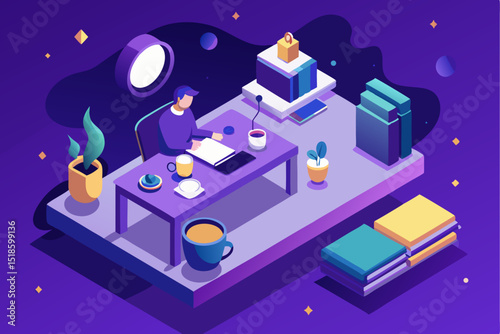 Man working in purple-toned office workspace, desk with coffee and plants, creative or remote work concept, nighttime or cozy environment, productivity and relaxation balance.