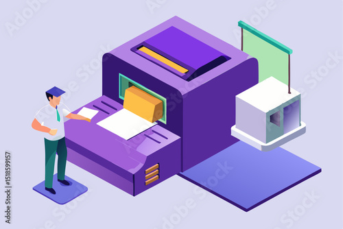 Man operating large purple industrial machine, working process, production or manufacturing concept, paper feeding, equipment operation, modern factory or workshop scene.